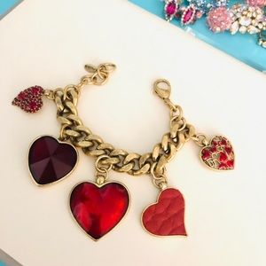 VINTAGE Danish Desing Pilgrim Red Rhinestones Leather Chunky Heart Bracelet